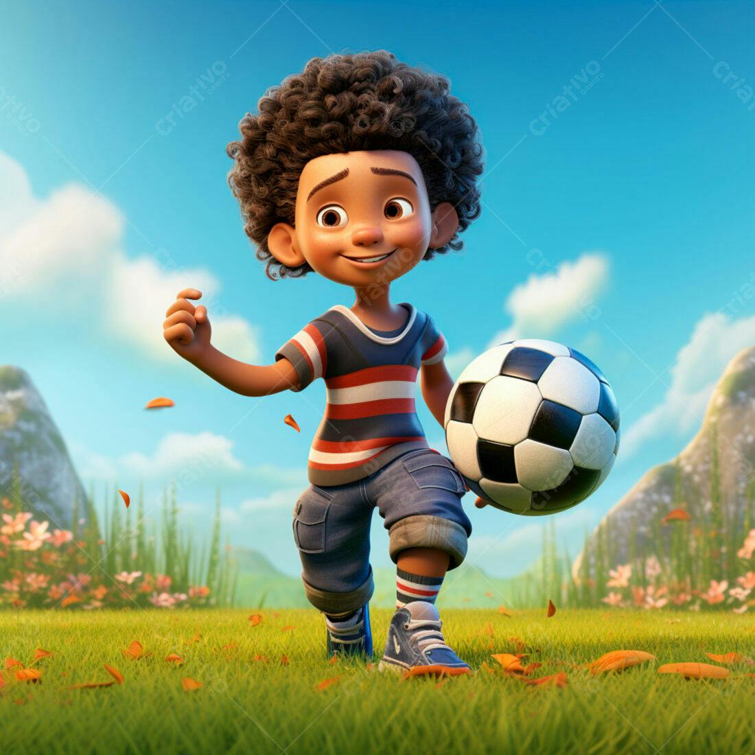 Menino com cabelo crespo segurando bola de futebol em campo gramado
