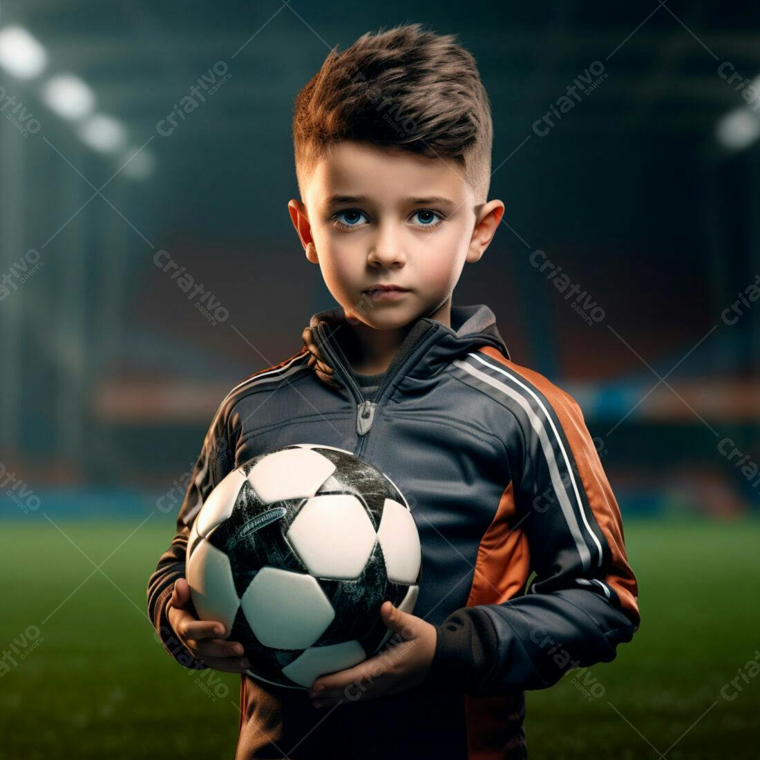 Menino segurando bola de futebol em estádio