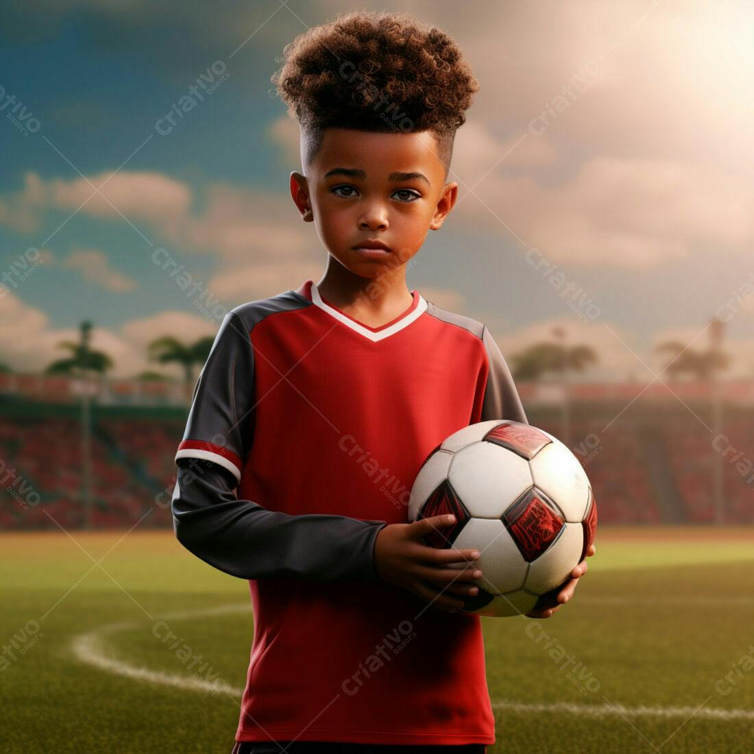 Criança negra com bola de futebol em estádio