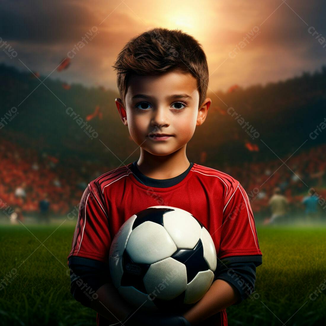 Menino segurando bola de futebol em estádio