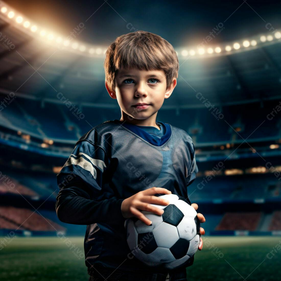 Menino segurando bola de futebol em estádio