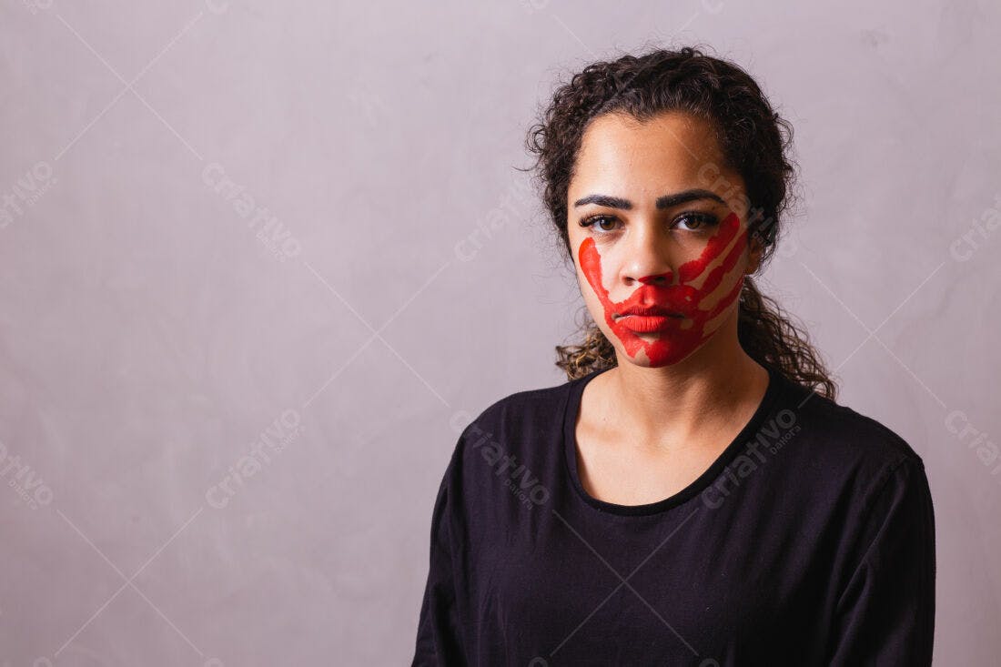 Mulher com pintura vermelha no rosto fundo cinza