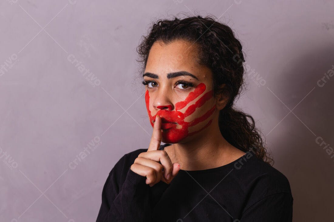 Mulher com pintura vermelha pedindo silêncio