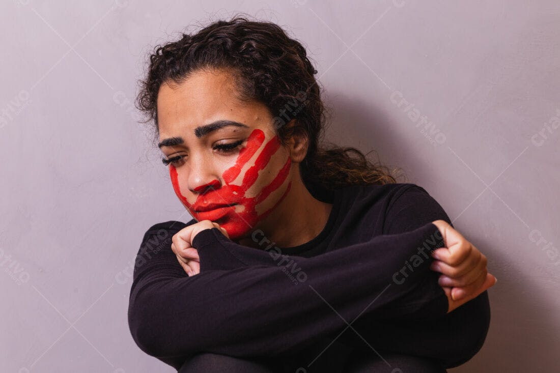 Mulher triste com marca vermelha no rosto