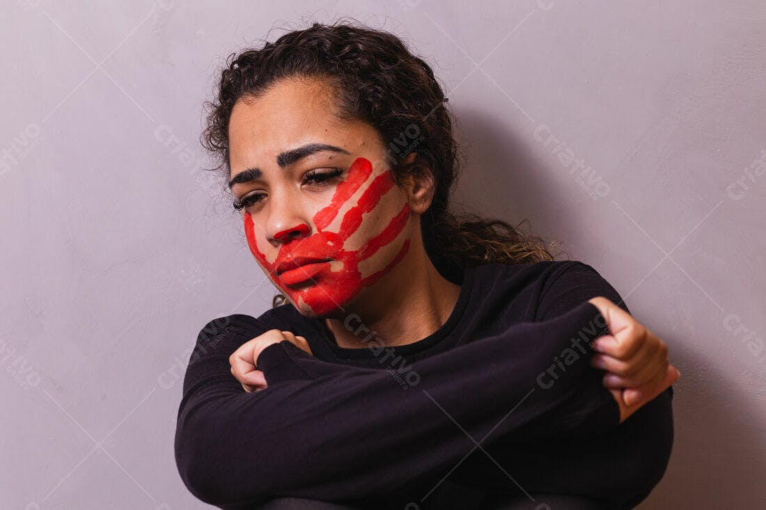 Mulher triste com pintura vermelha no rosto