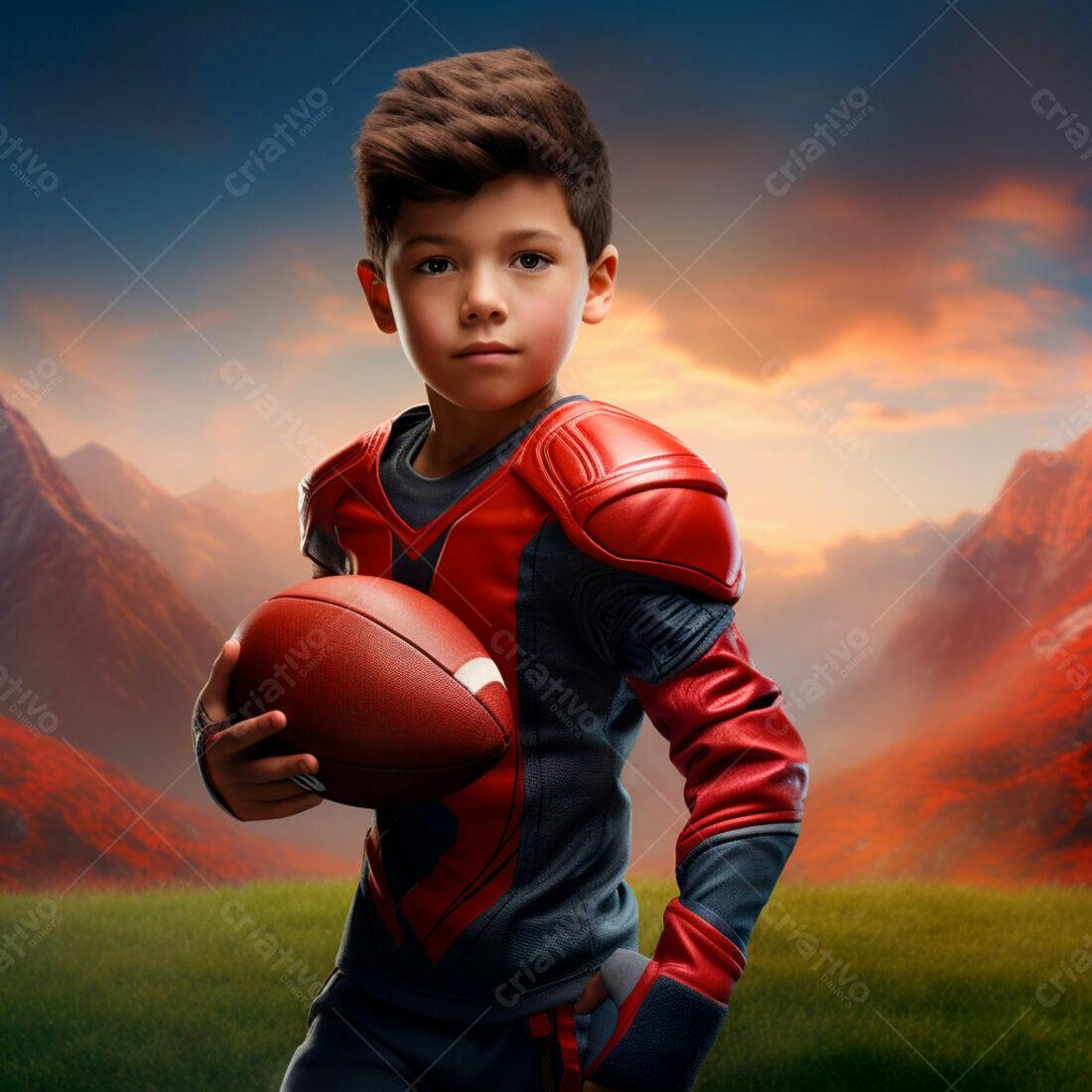 Menino jogador de futebol americano em paisagem montanhosa