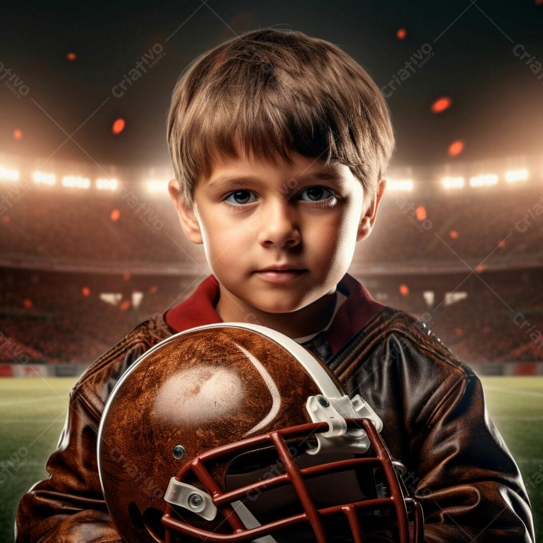 Menino com capacete de futebol americano em estádio