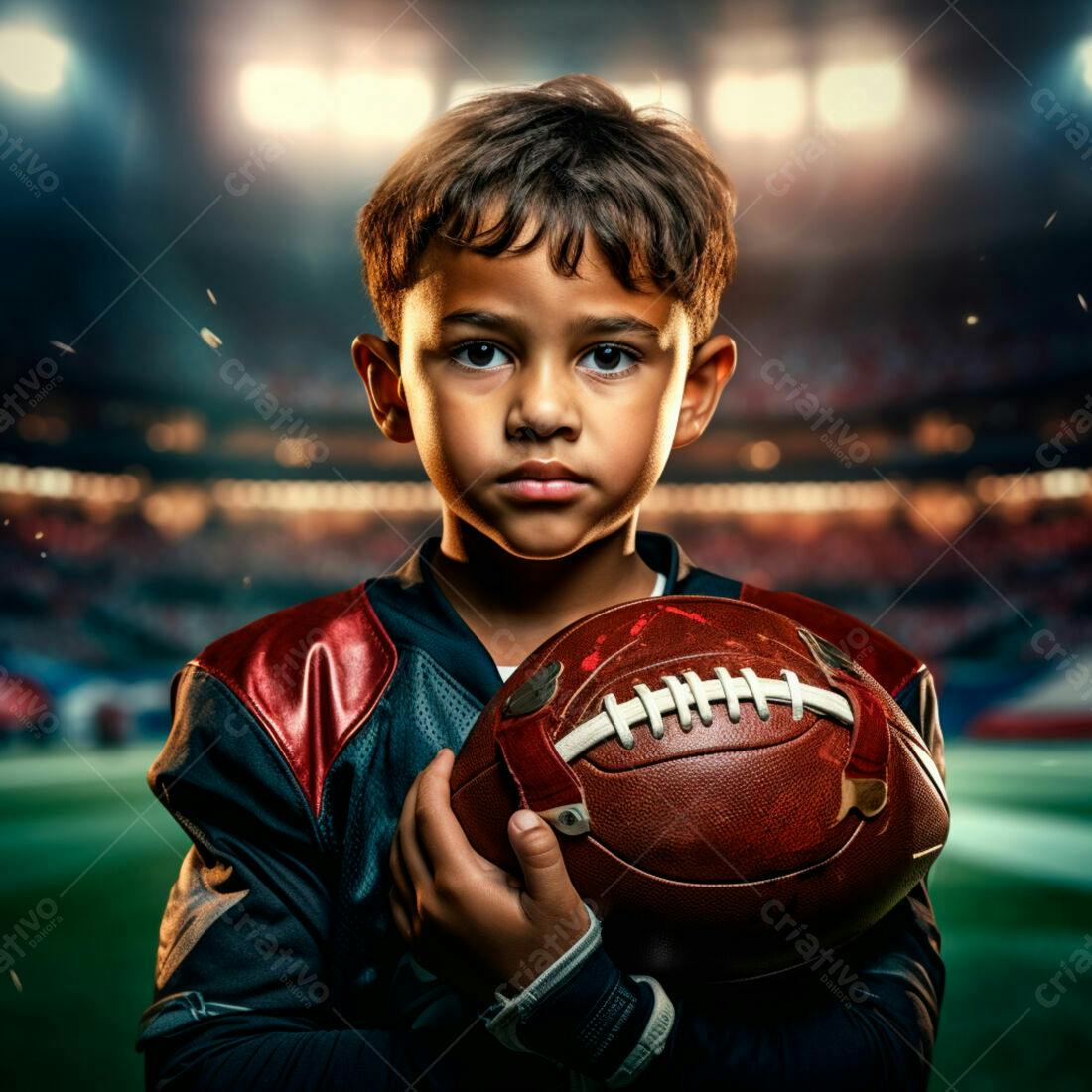 Criança segurando bola de futebol americano em estádio