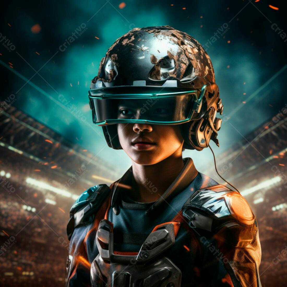 Criança futurista com armadura e óculos VR