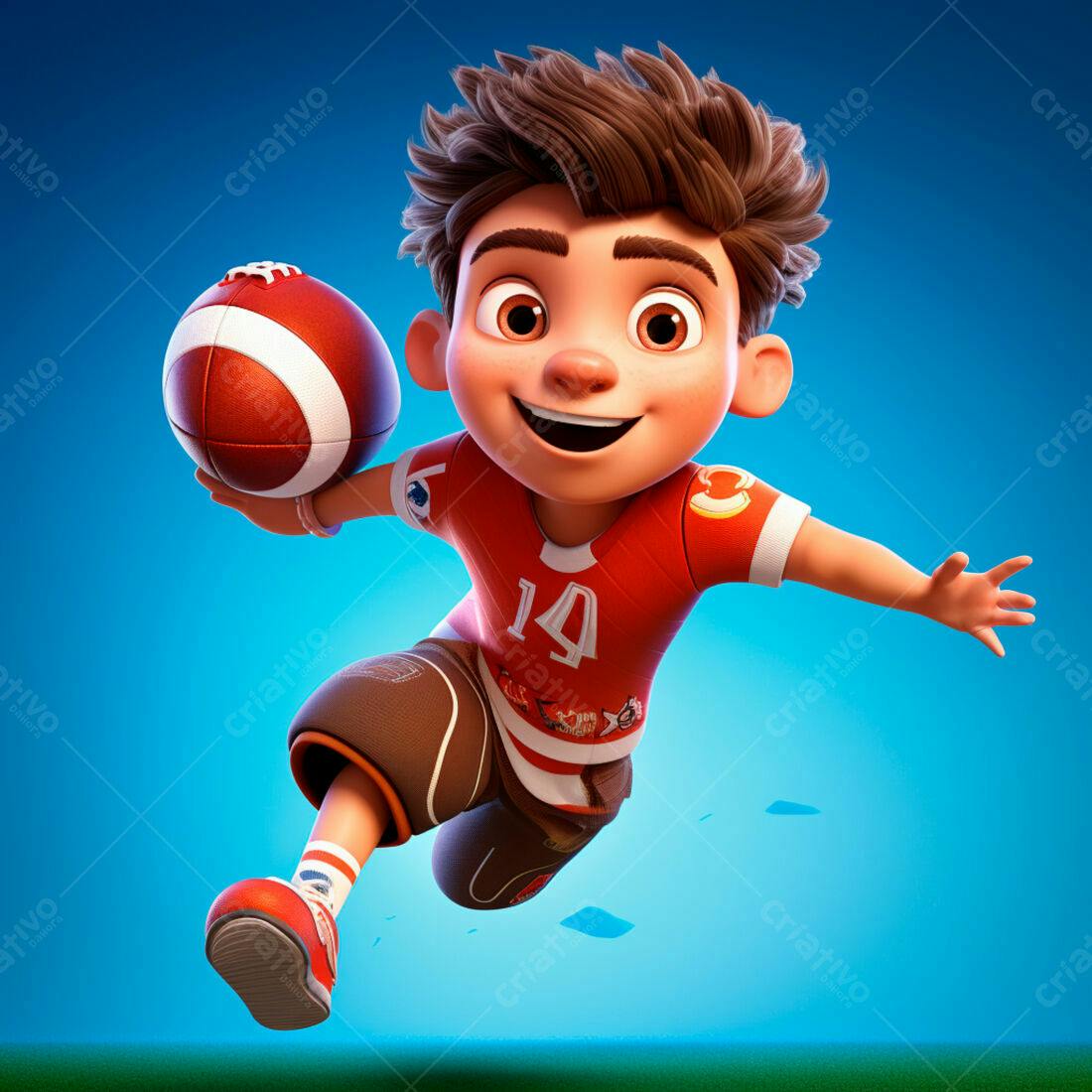 Menino pulando com bola de futebol americano