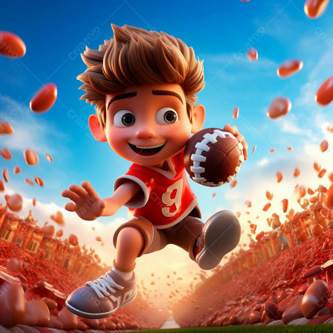 Menino jogando futebol americano em cenário surreal