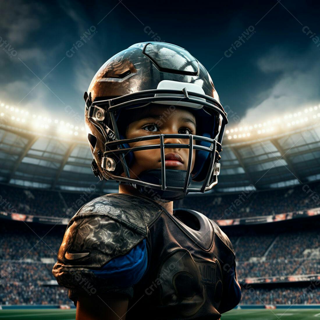 Criança negra usando uniforme de futebol americano