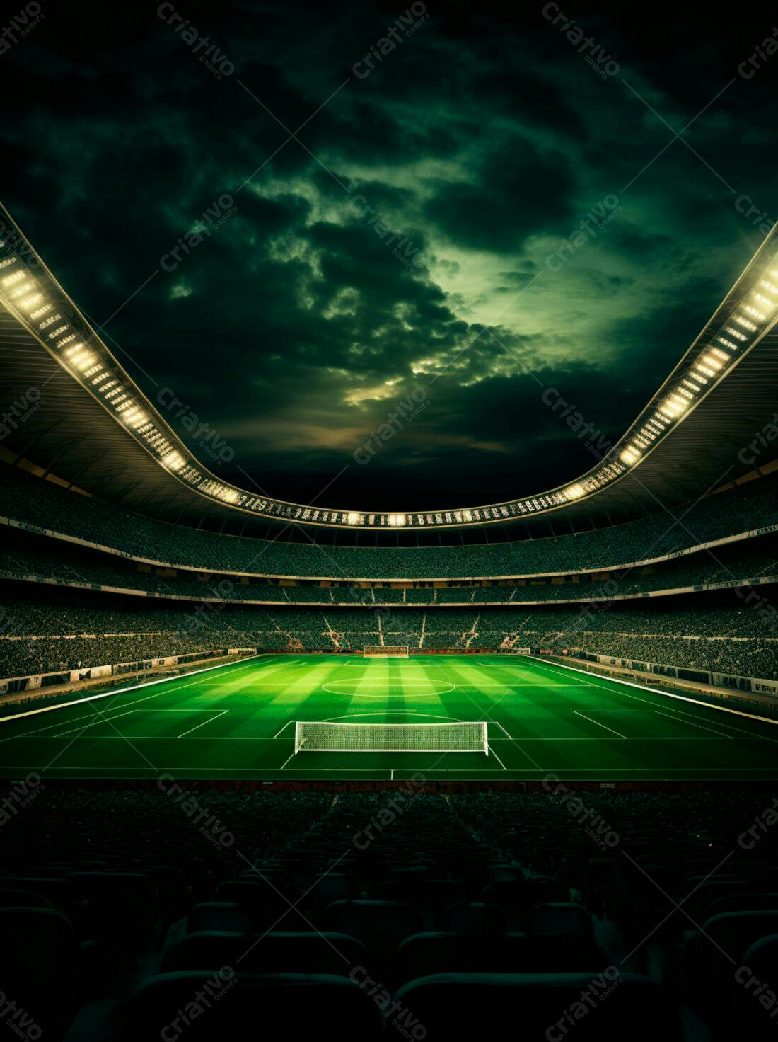 Estádio de futebol noturno sob tempestade