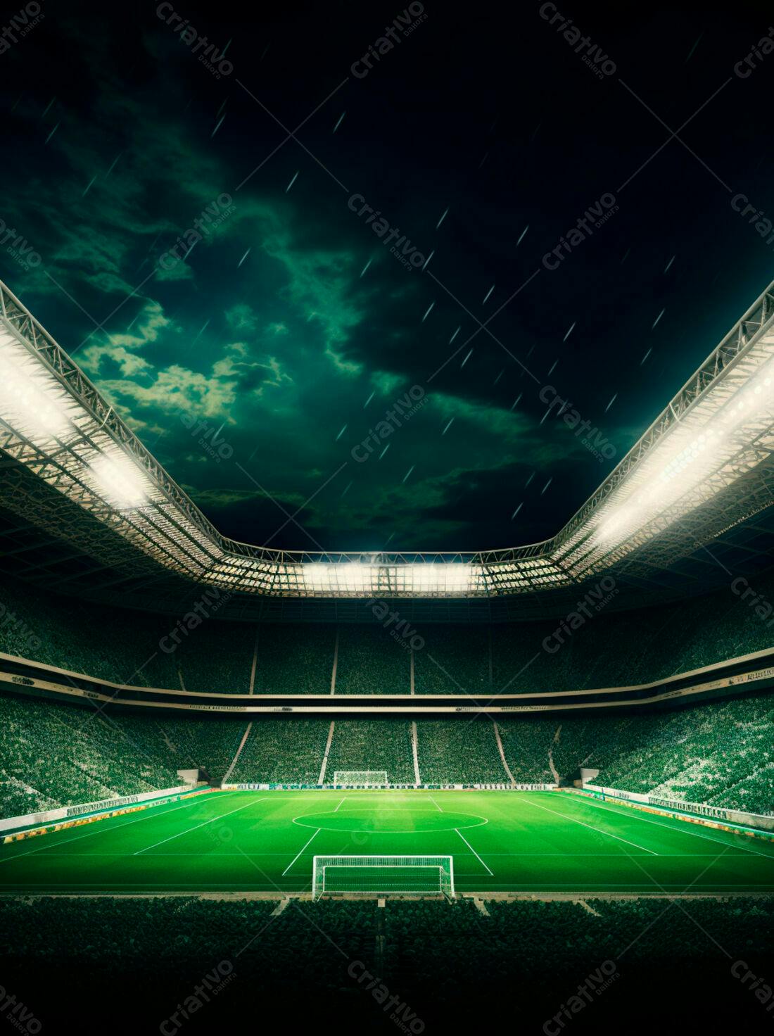 Estádio de futebol sob chuva noturna