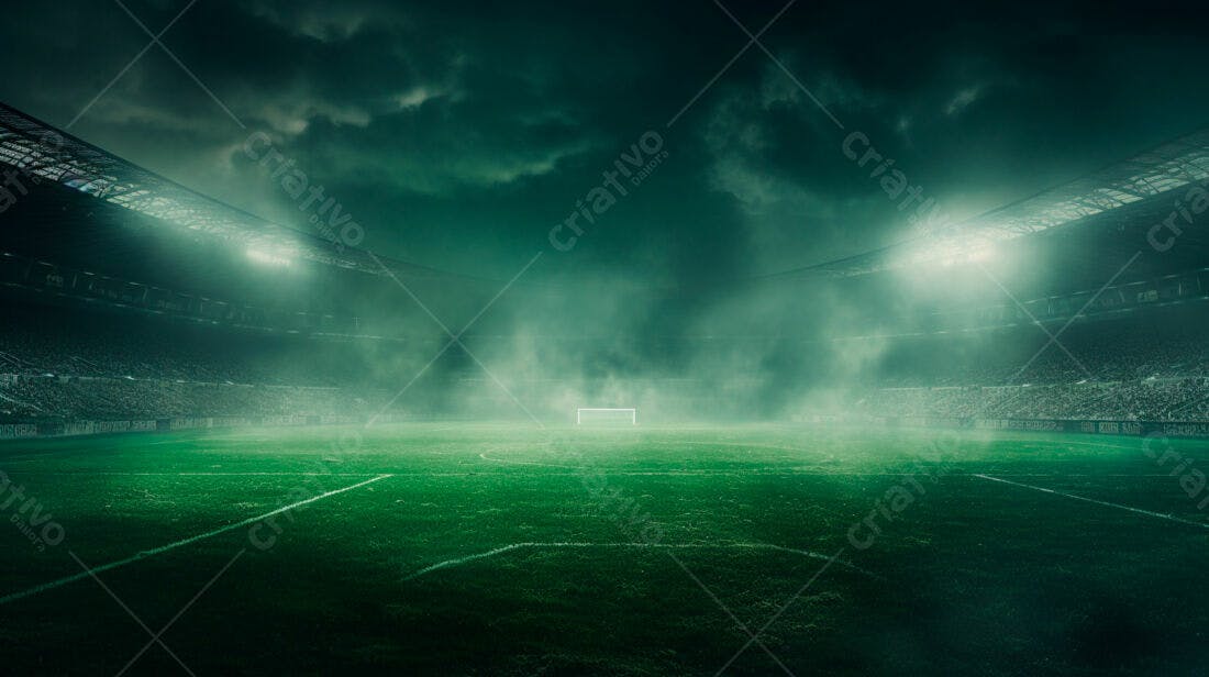 Campo de futebol noturno com neblina
