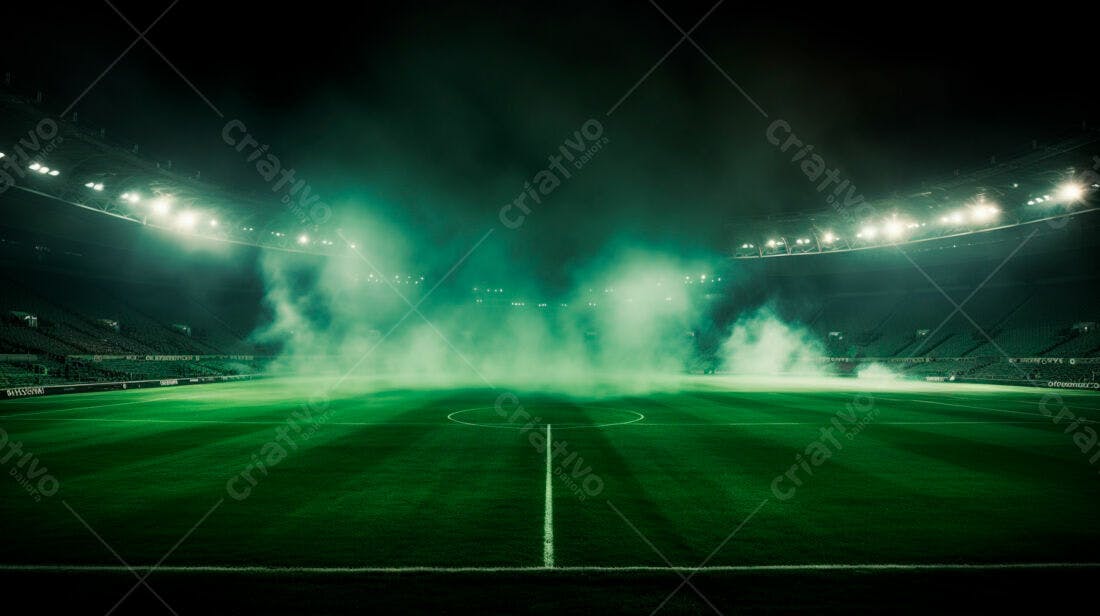 Campo de futebol noturno com fumaça verde