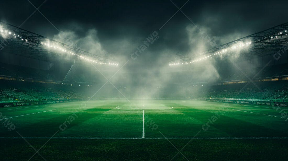 Estádio de futebol noturno com neblina