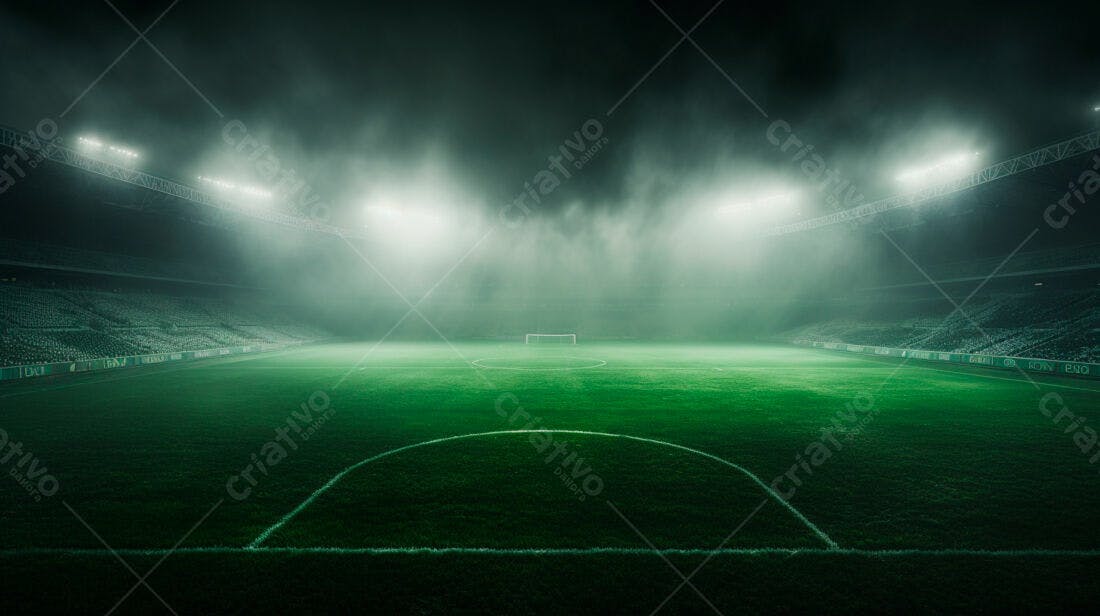 Campo de futebol noturno sob neblina