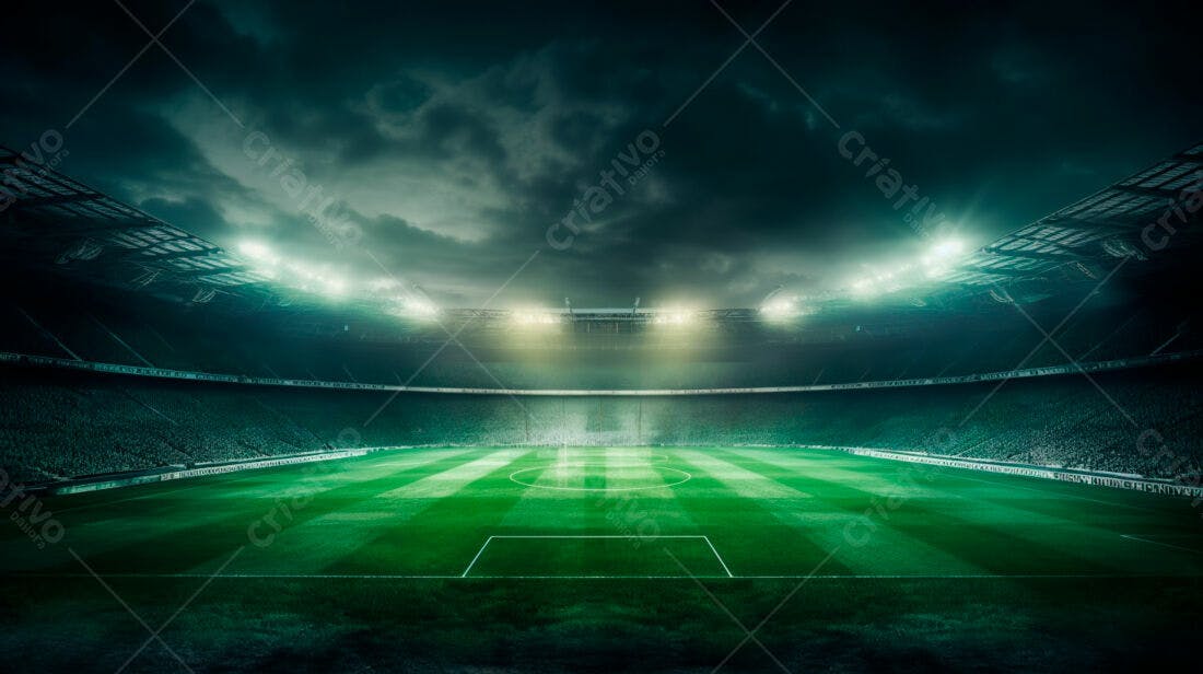 Estádio de futebol noturno sob tempestade