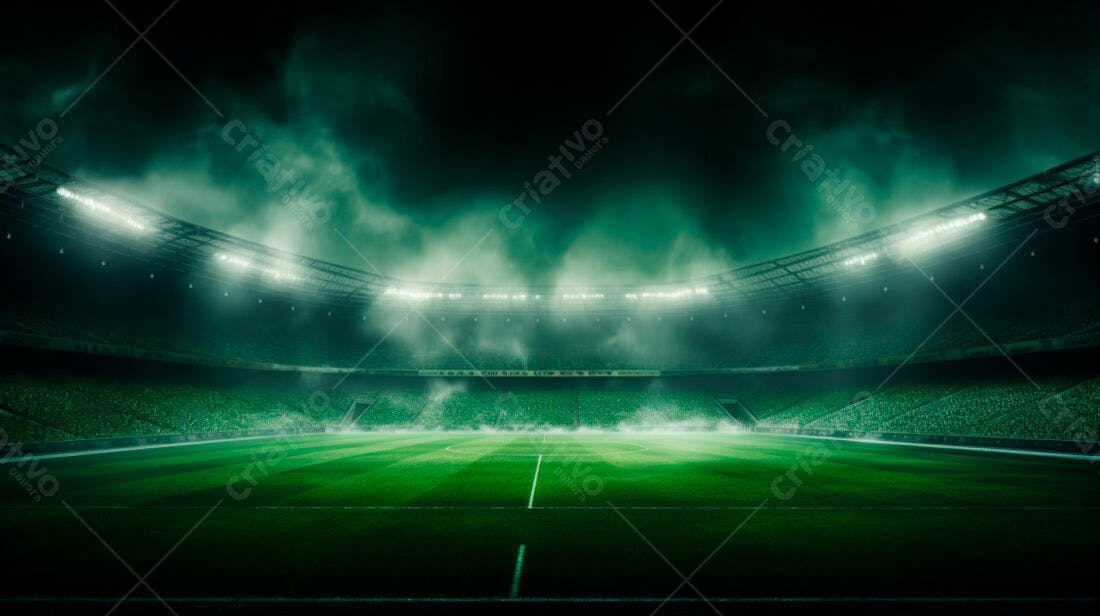 Estádio de futebol noturno com névoa