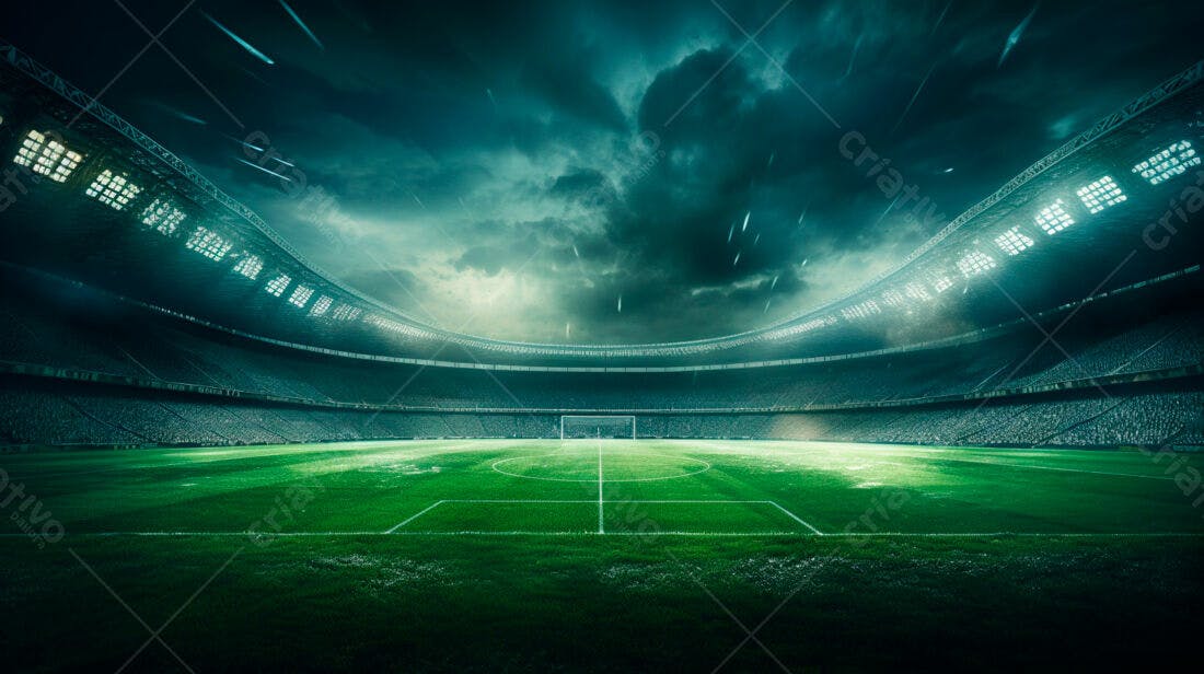 Estádio de futebol sob chuva noturna