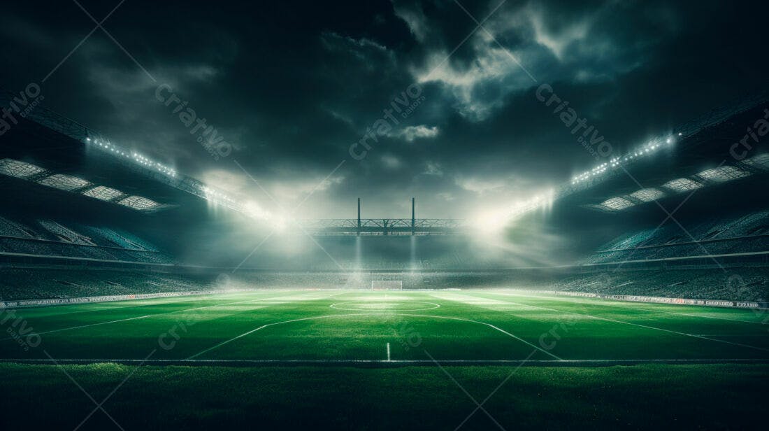 Estádio de futebol noturno sob tempestade