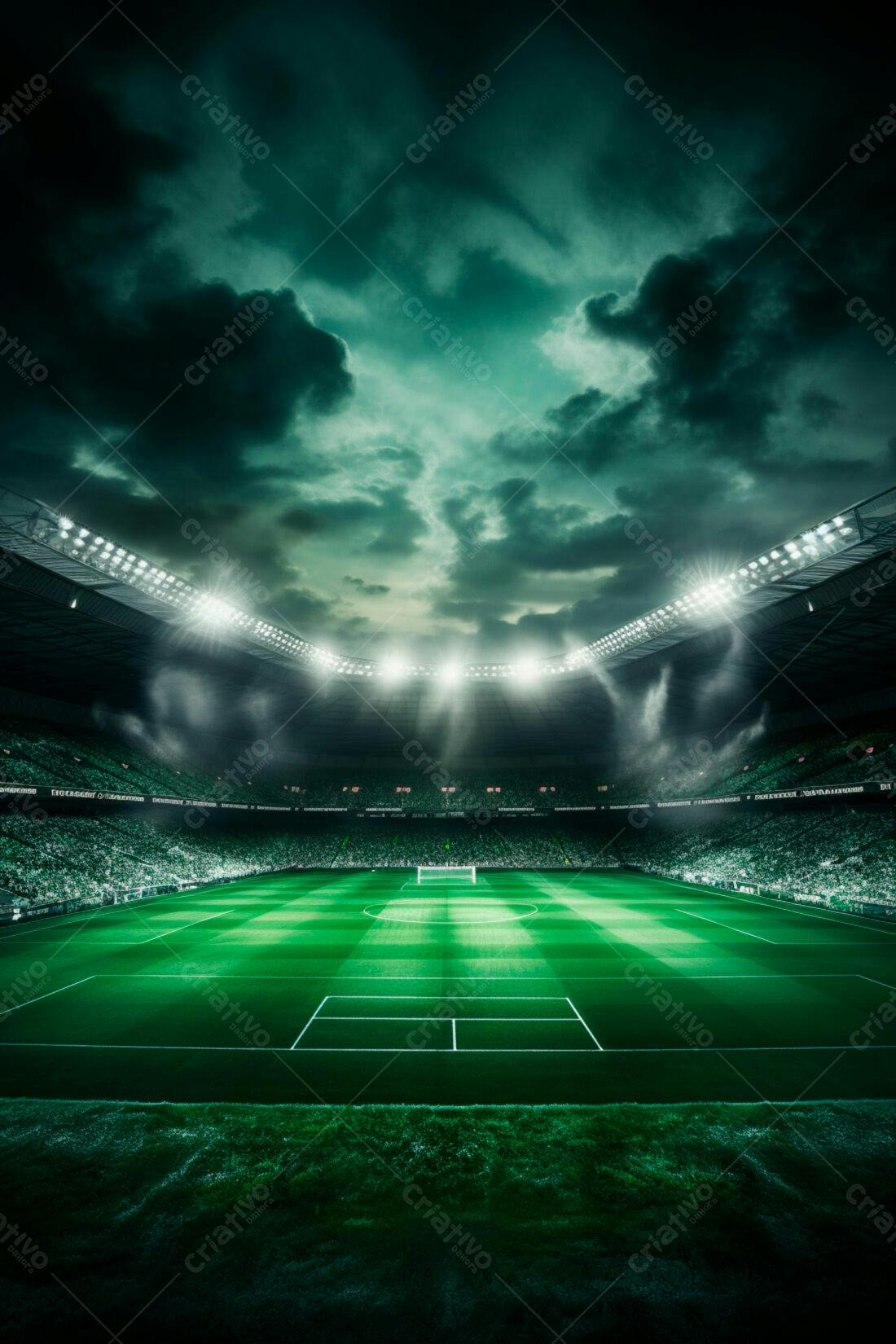 Estádio de futebol noturno sob céu tempestuoso