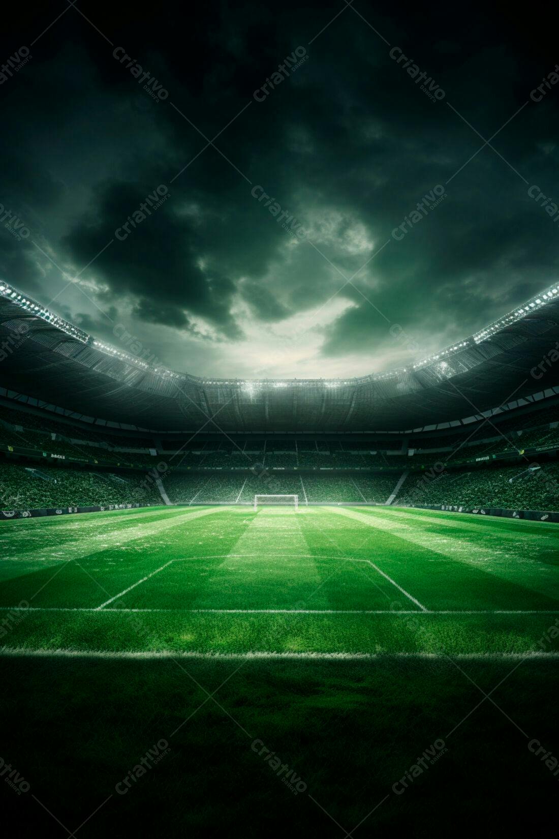 Estádio de futebol noturno sob tempestade