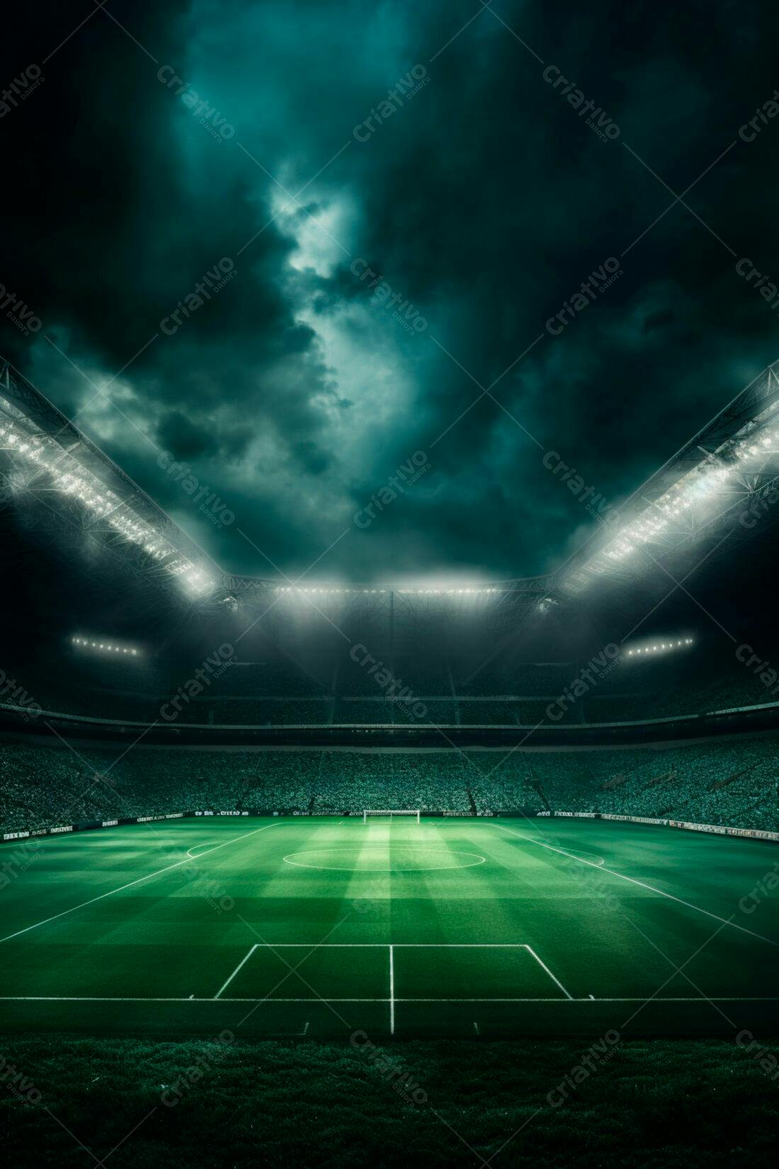 Estádio de futebol noturno sob tempestade