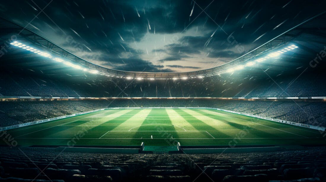 Estádio de futebol sob chuva noturna