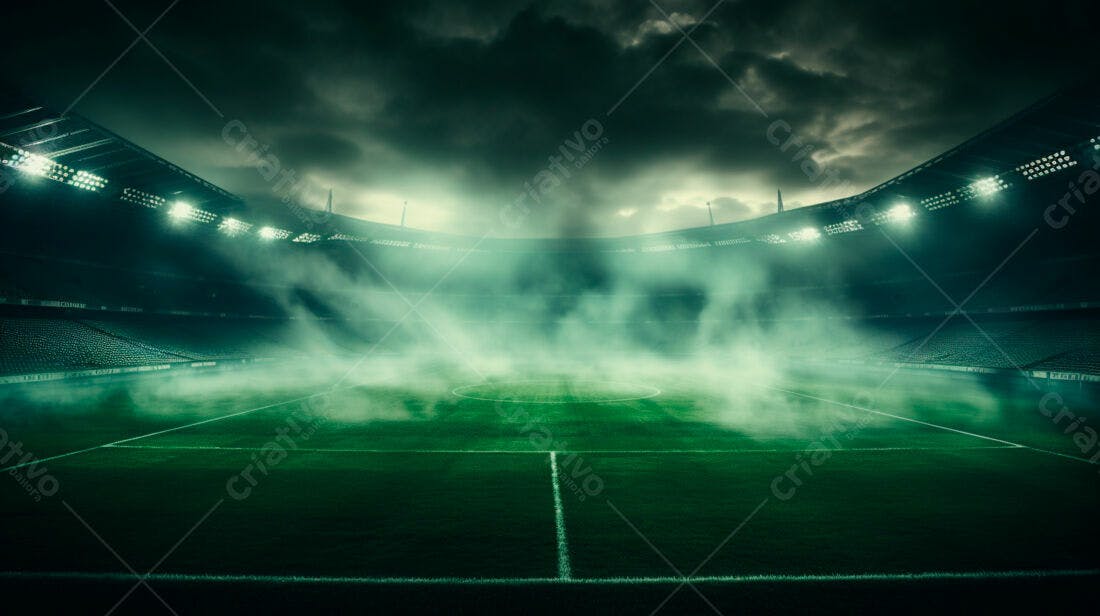 Estádio de futebol com neblina noturna