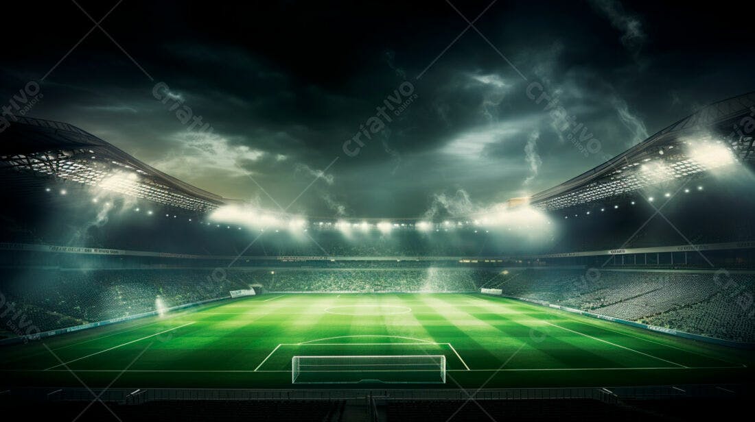 Estádio de futebol noturno sob tempestade