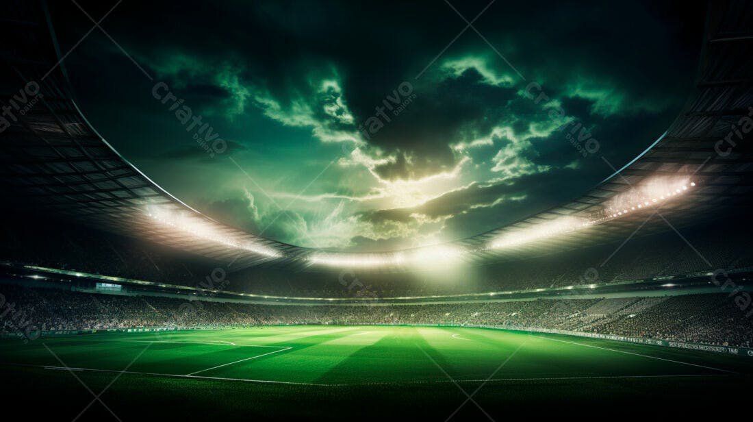Estádio de futebol noturno sob céu dramático