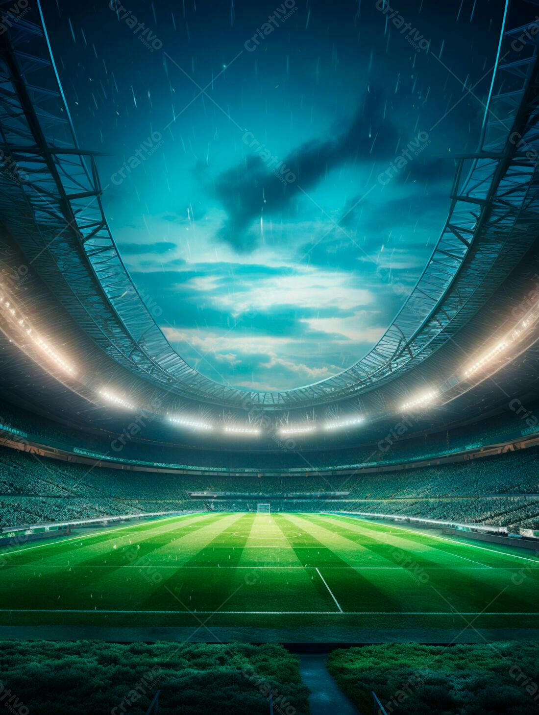Estádio de futebol sob chuva noturna