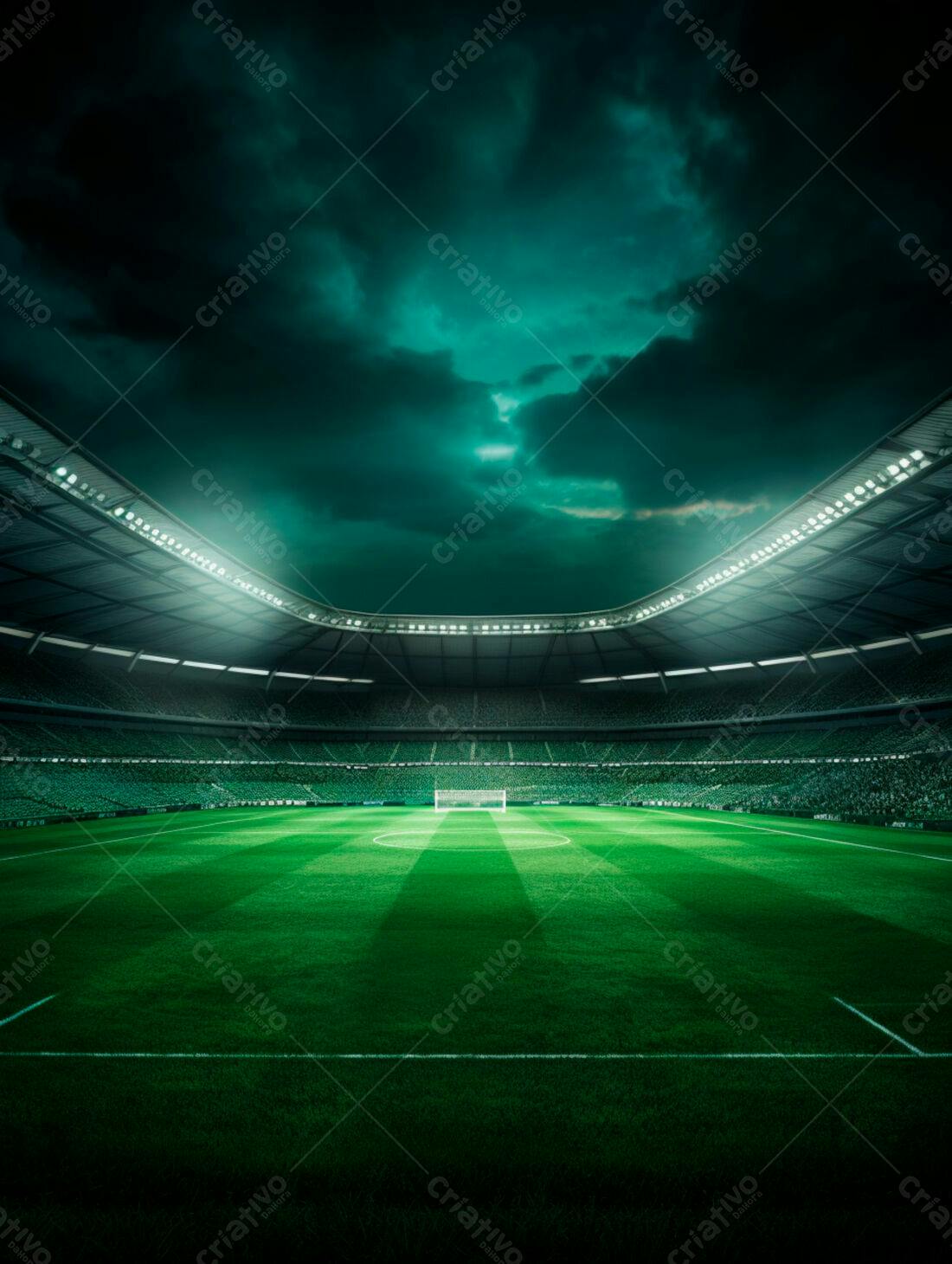 Estádio de futebol noturno sob céu dramático