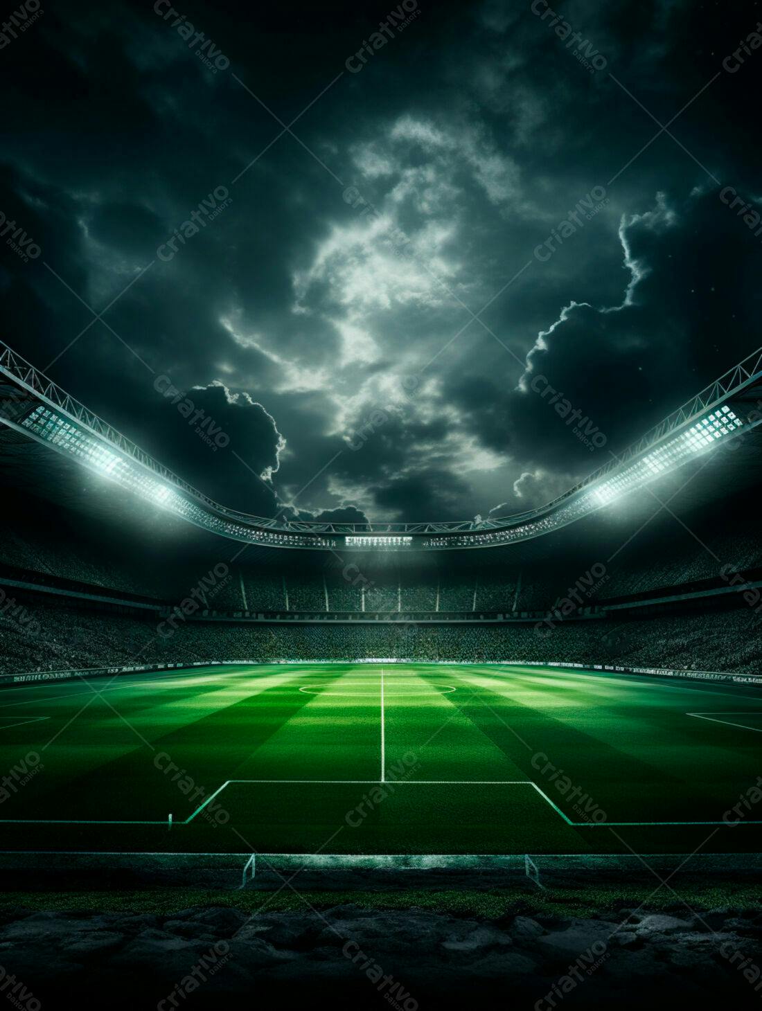 Estádio de futebol noturno sob tempestade