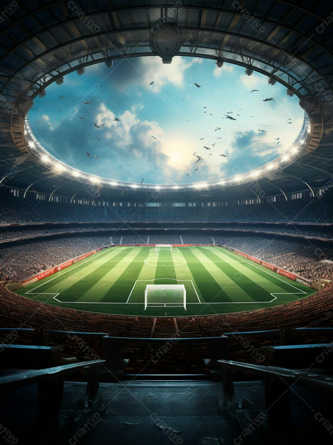 Estádio de futebol lotado ao entardecer