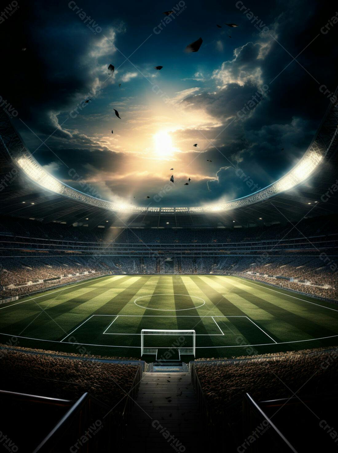 Estádio de futebol iluminado ao entardecer