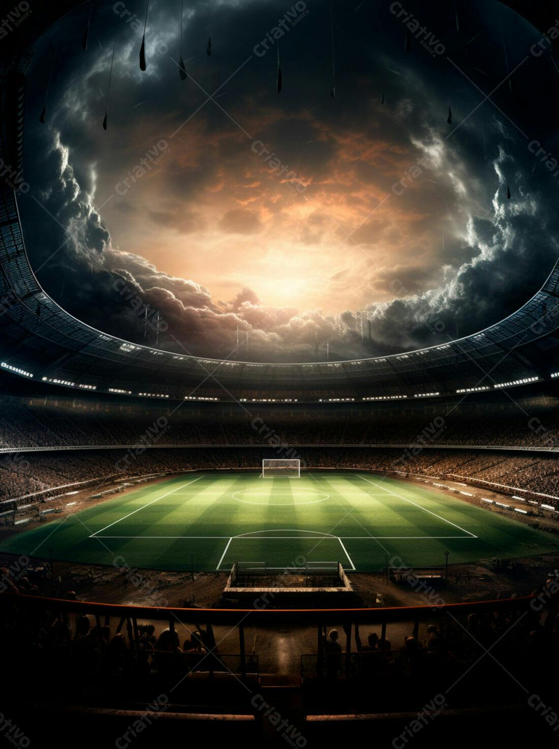 Estádio de futebol sob céu dramático