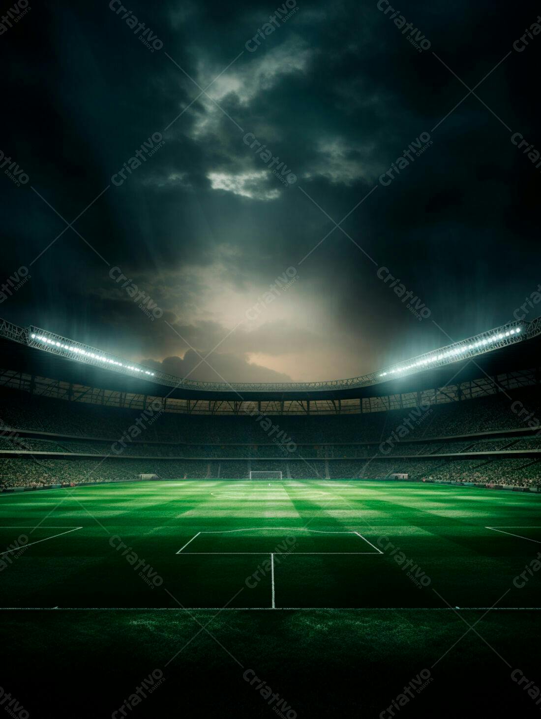 Estádio de futebol noturno sob tempestade