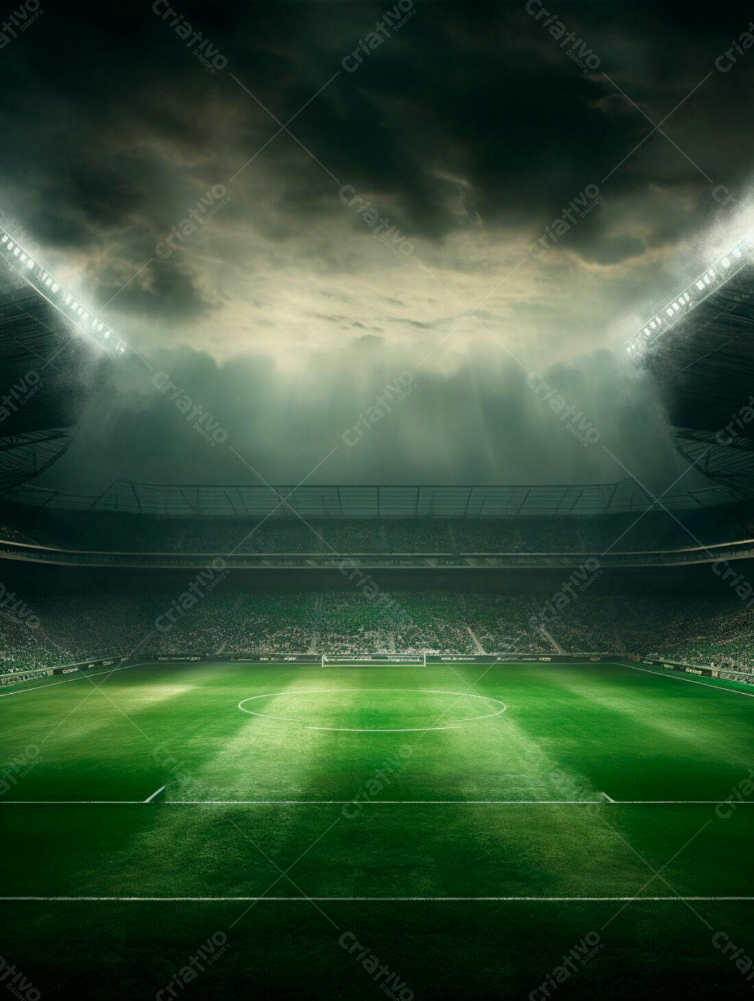 Estádio de futebol sob um céu tempestuoso