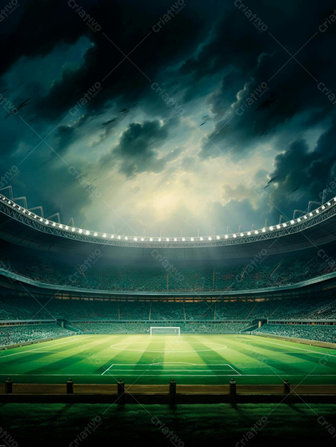 Estádio de futebol sob céu dramático