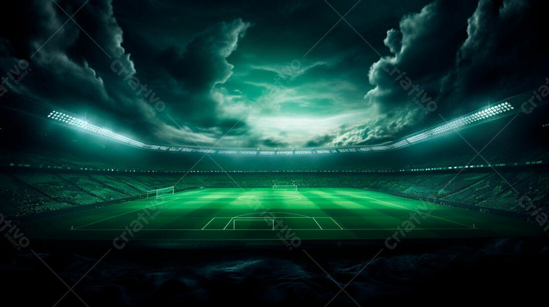 Estádio de futebol noturno sob tempestade