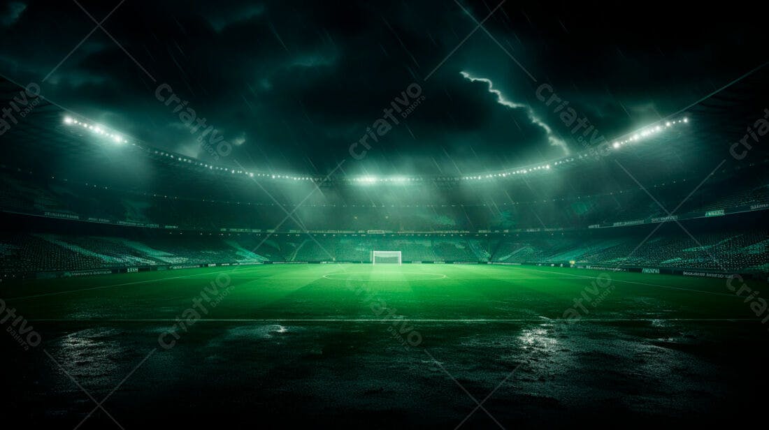 Estádio de futebol sob chuva noturna
