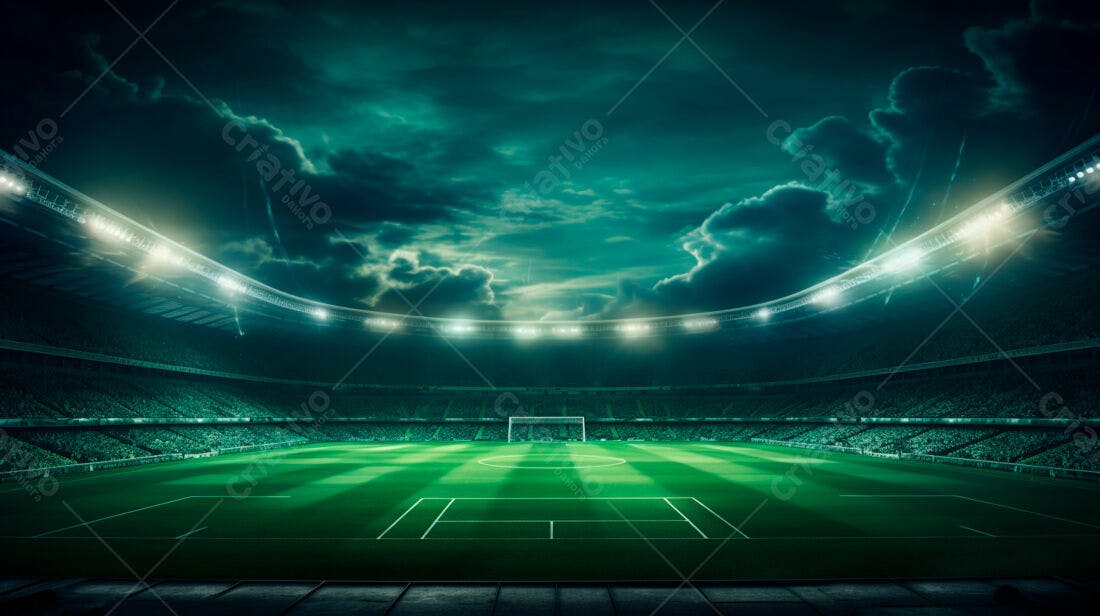 Estádio de futebol noturno sob tempestade