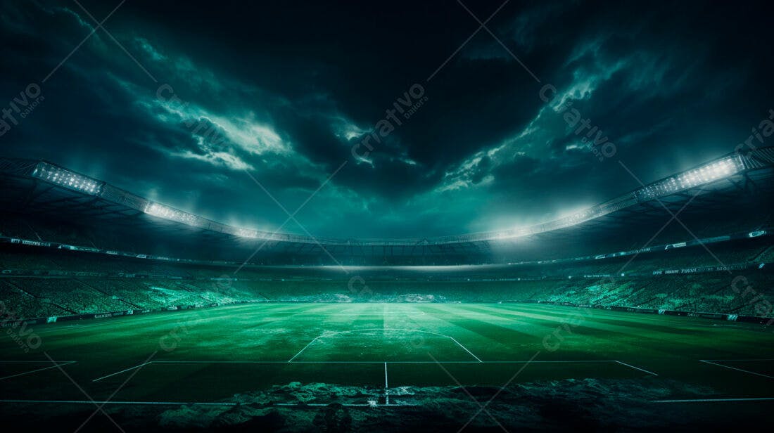 Estádio de futebol noturno sob tempestade