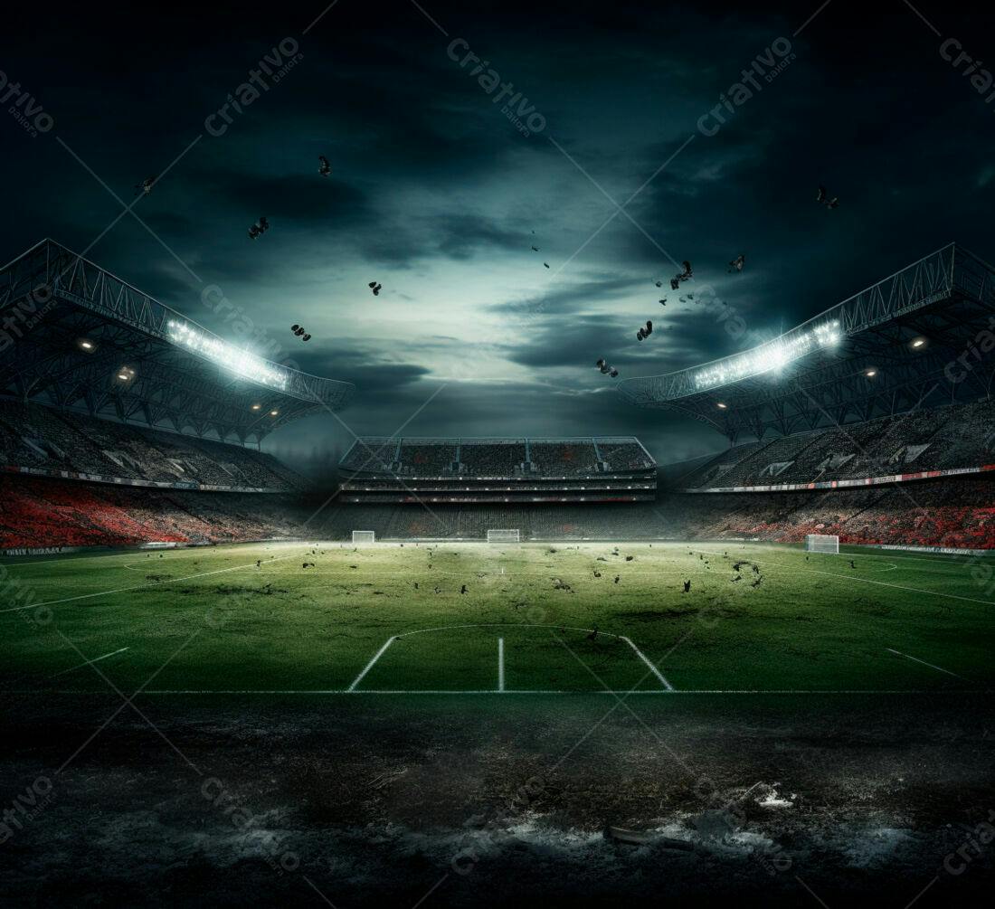 Estádio de futebol vazio sob céu tempestuoso