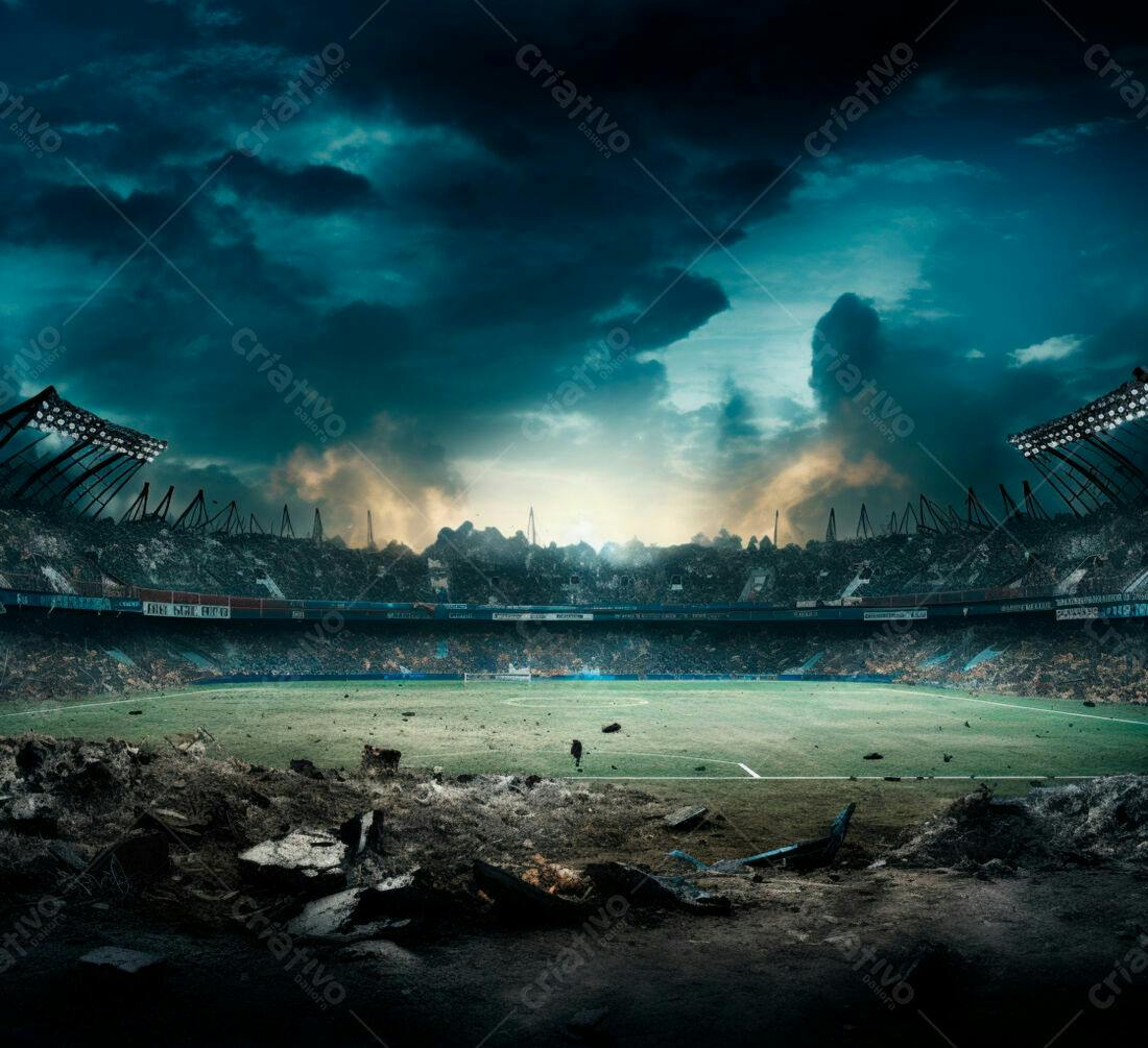 Estádio de futebol destruído pós-apocalíptico