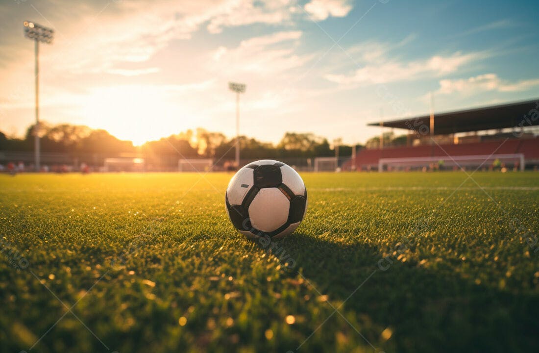Bola de futebol em campo ao entardecer