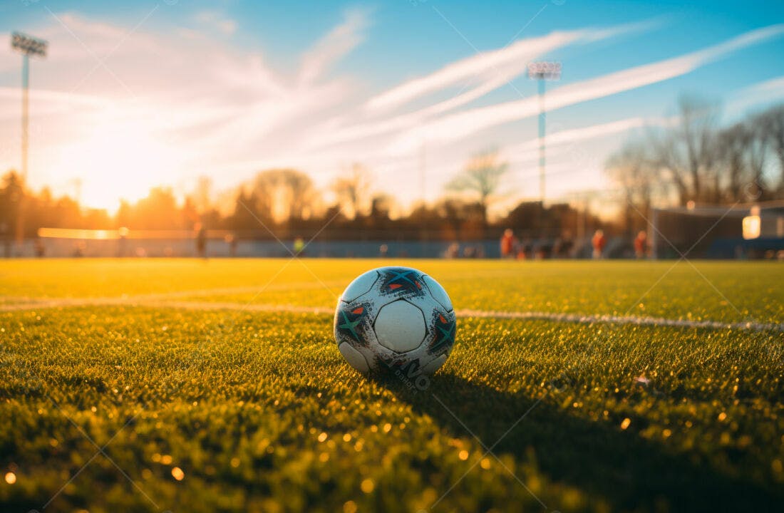 Bola de futebol no gramado ao pôr do sol